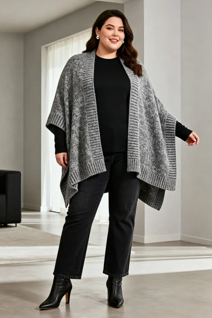 Plus Size Knit Poncho with Jeans Outfit