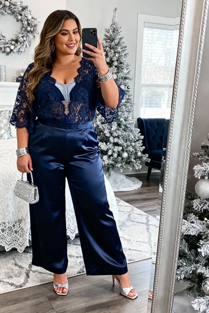 Plus Size Lace Overlay Top and Silk Pants Outfit