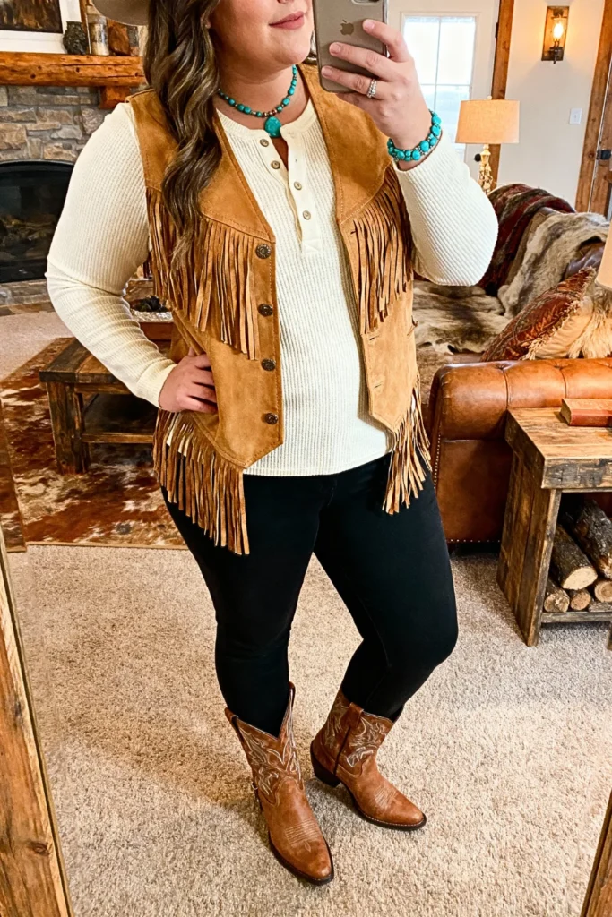 Plus Size Leather Fringe Vest With Thermal Henley Outfit