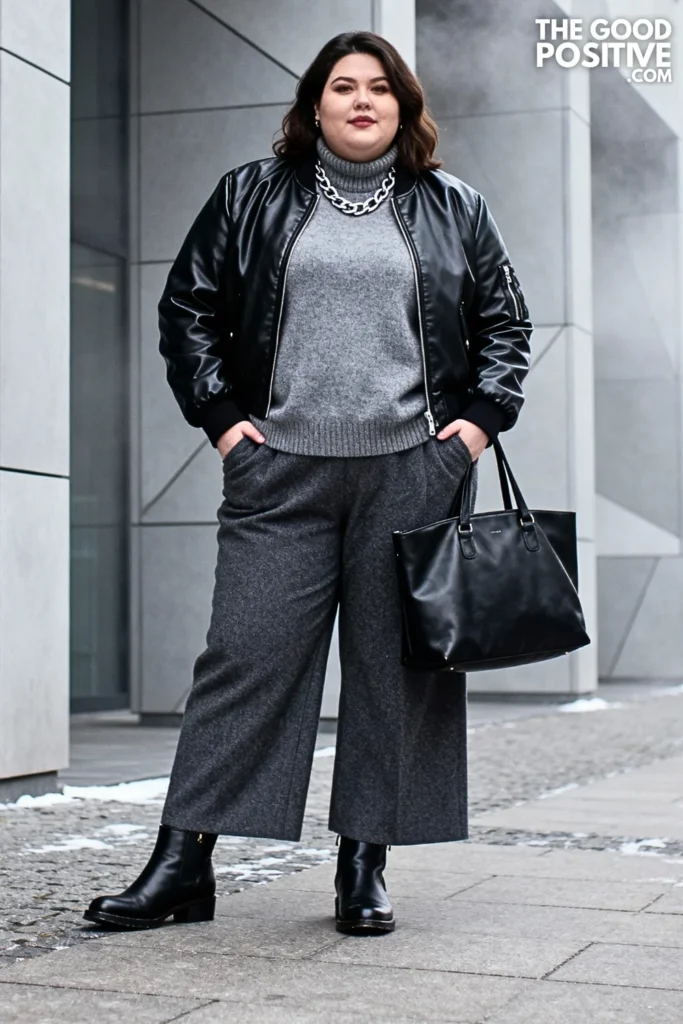 Plus Size Leather Jacket with Wool Pants and Cashmere Sweater Outfit