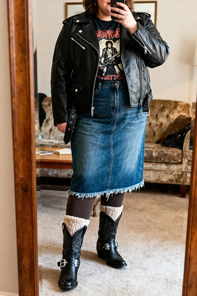 Plus Size Leather Moto Jacket With Denim Skirt Outfit