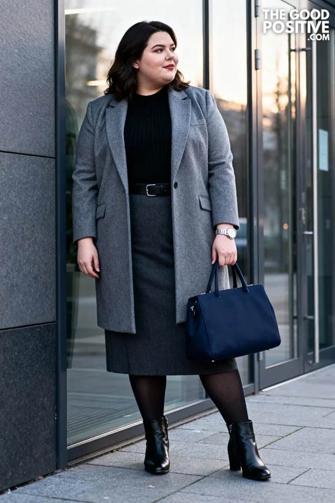Plus Size Longline Blazer with Knit Top and Straight Skirt Outfit