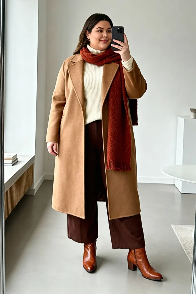 Plus Size Longline Camel Coat with Turtleneck Outfit