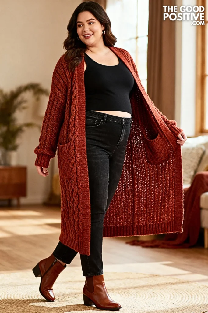 Plus Size Longline Cardigan Over Straight-Leg Jeans Outfit