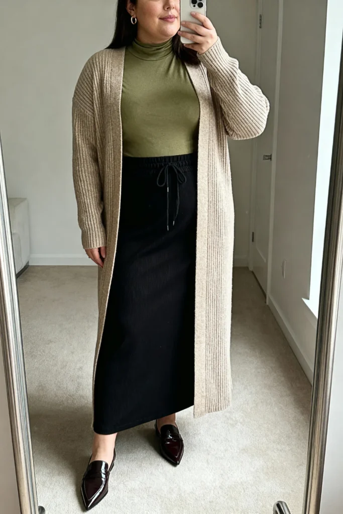 Plus Size Longline Cardigan with Maxi Skirt Outfit