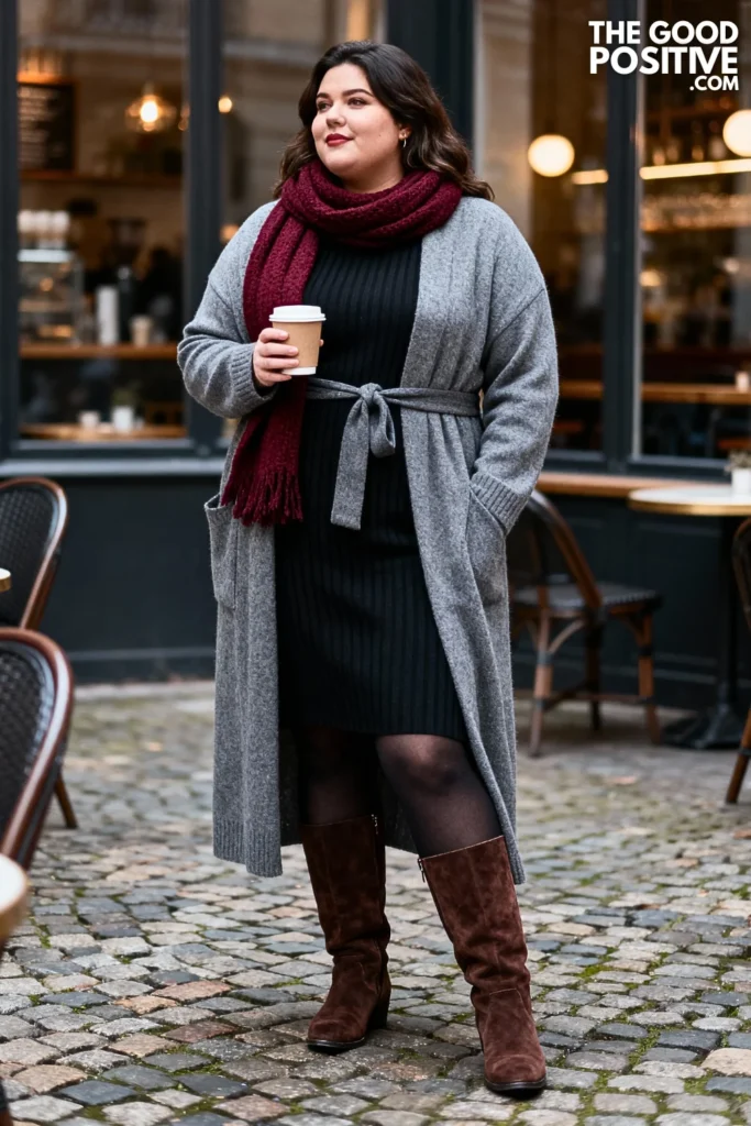 Plus Size Longline Cardigan with Ribbed Midi Dress Outfit