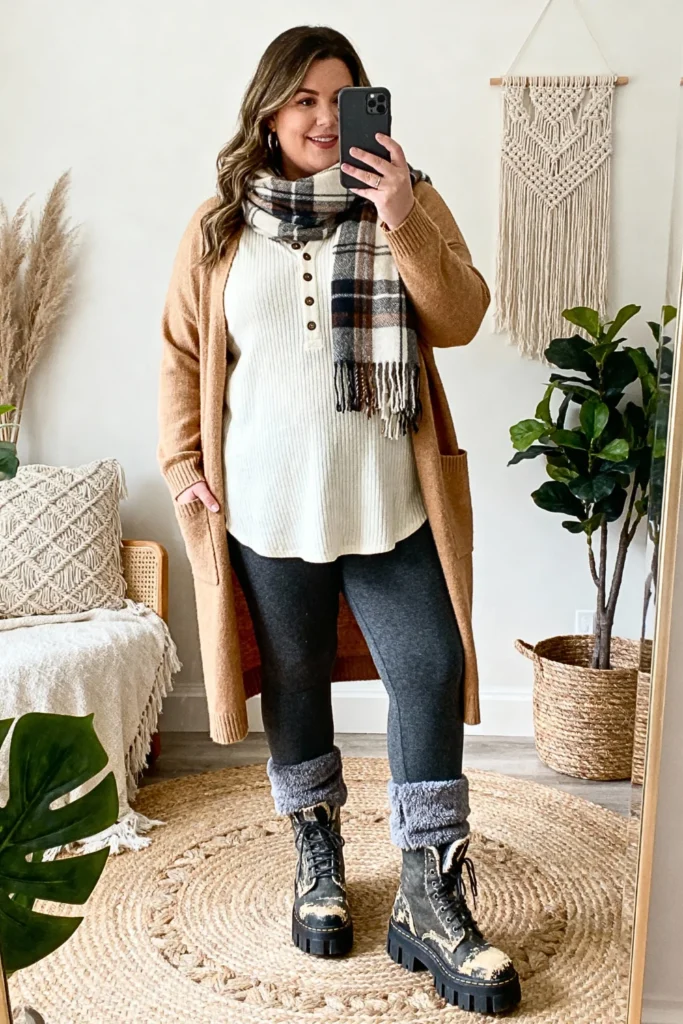 Plus Size Longline Cardigan with Thermal Henley and Leggings Outfit