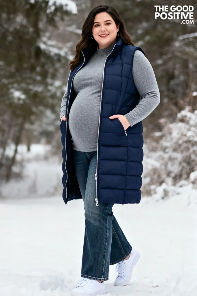 Plus Size Longline Puffer Vest Over Fitted Top Outfit