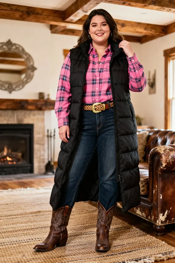 Plus Size Longline Puffer Vest With Flannel Outfit