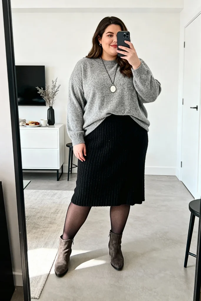 Plus Size Longline Sweater with Midi Skirt Outfit