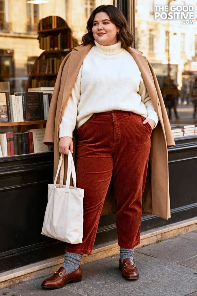 Plus Size Merino Wool Sweater with Corduroy Pants and Loafers Outfit