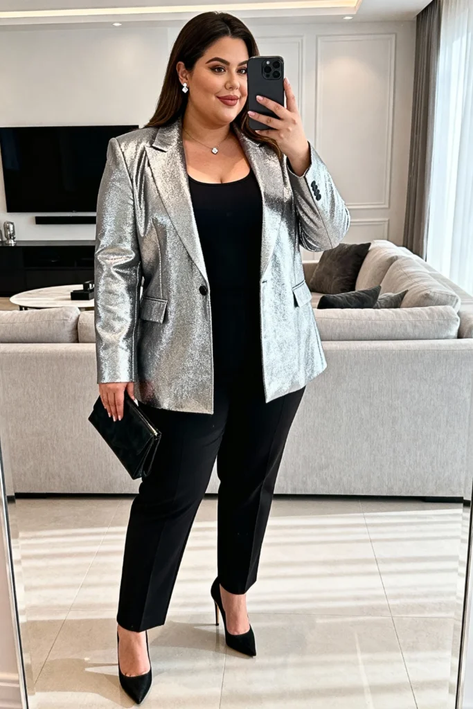 Plus Size Metallic Blazer with Black Basics Outfit
