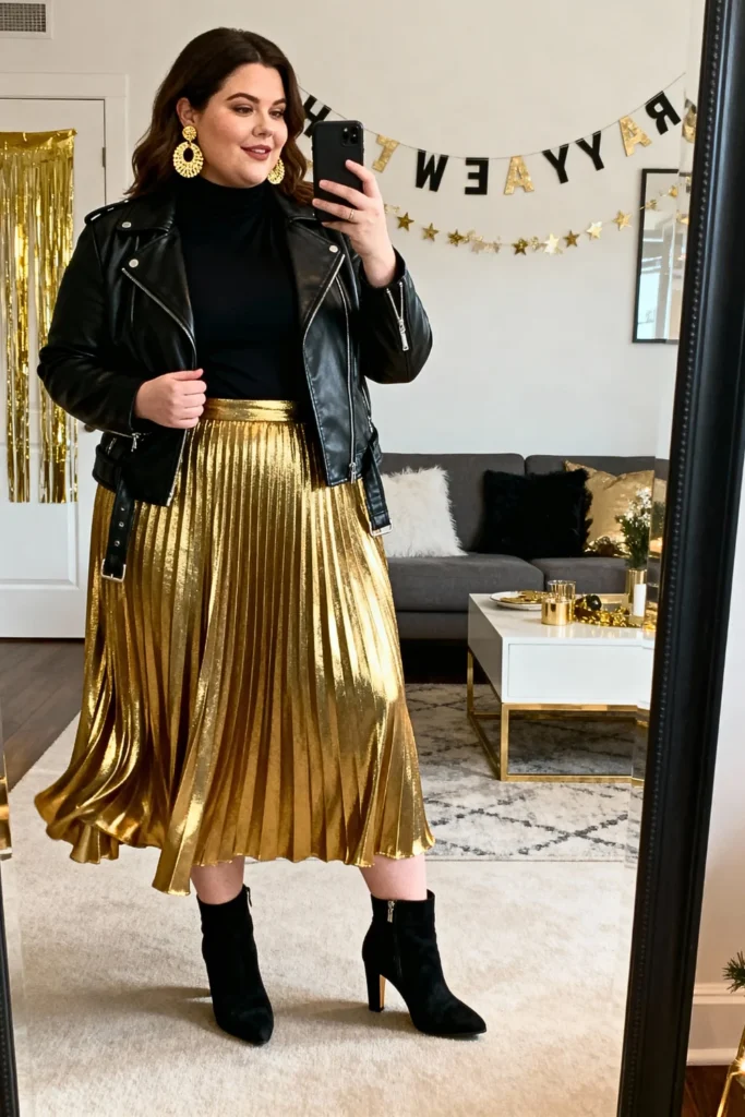 Plus Size Metallic Gold Pleated Skirt and Black Turtleneck Outfit