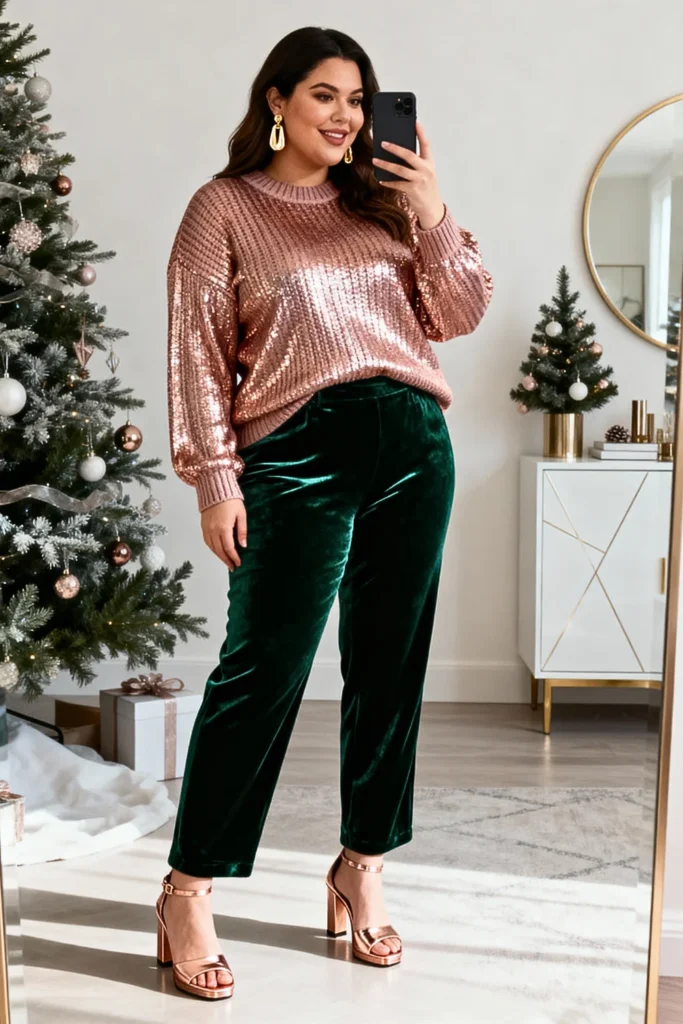Plus Size Metallic Knit Sweater and Velvet Pants Outfit