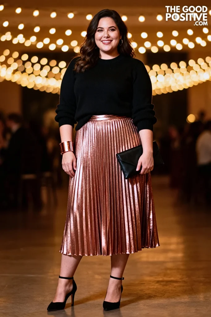 Plus Size Metallic Pleated Skirt with Sweater Outfit