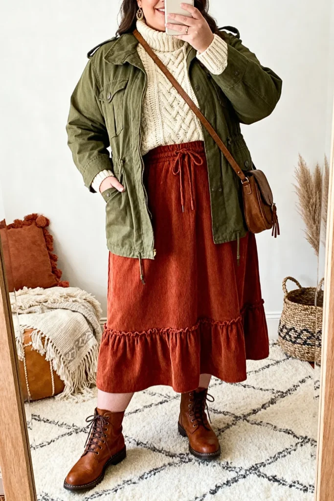 Plus Size Military Jacket with Sweater and Midi Skirt Outfit