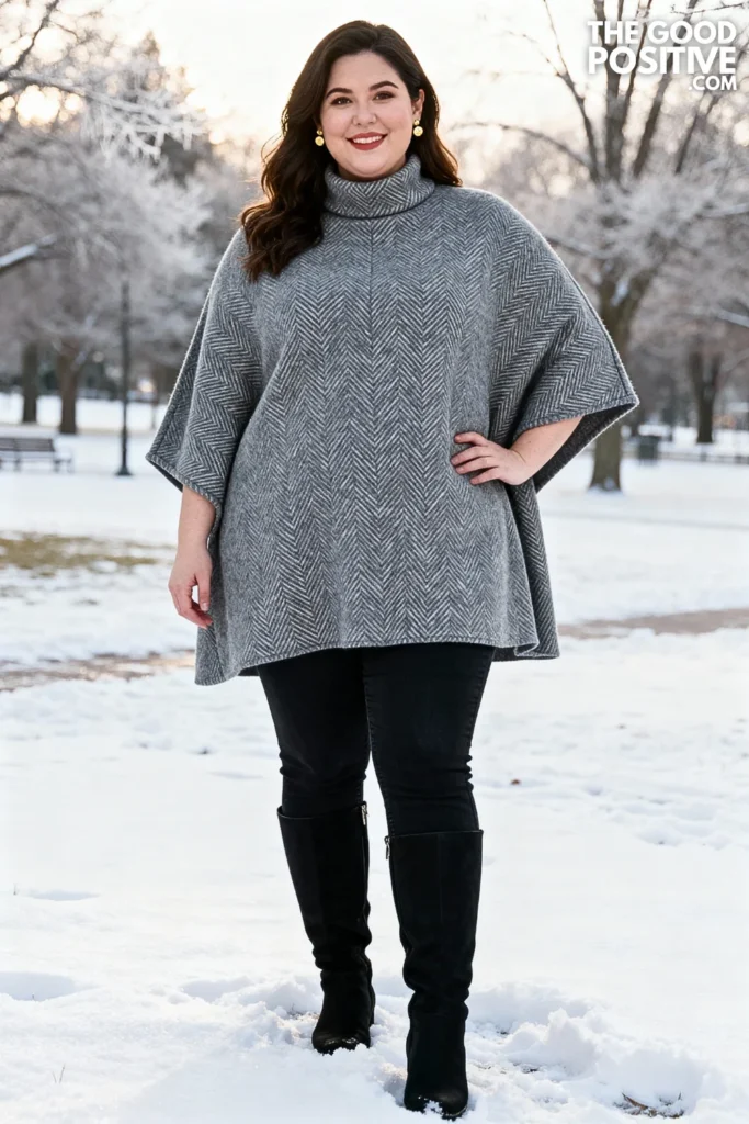 Plus Size Mock Neck Poncho With Skinny Jeans Outfit