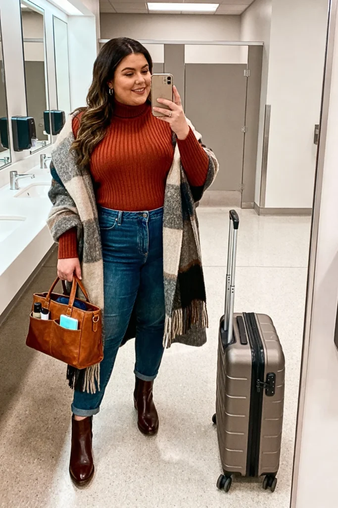 Plus Size Mock Neck Pullover with Coated Jeans Outfit