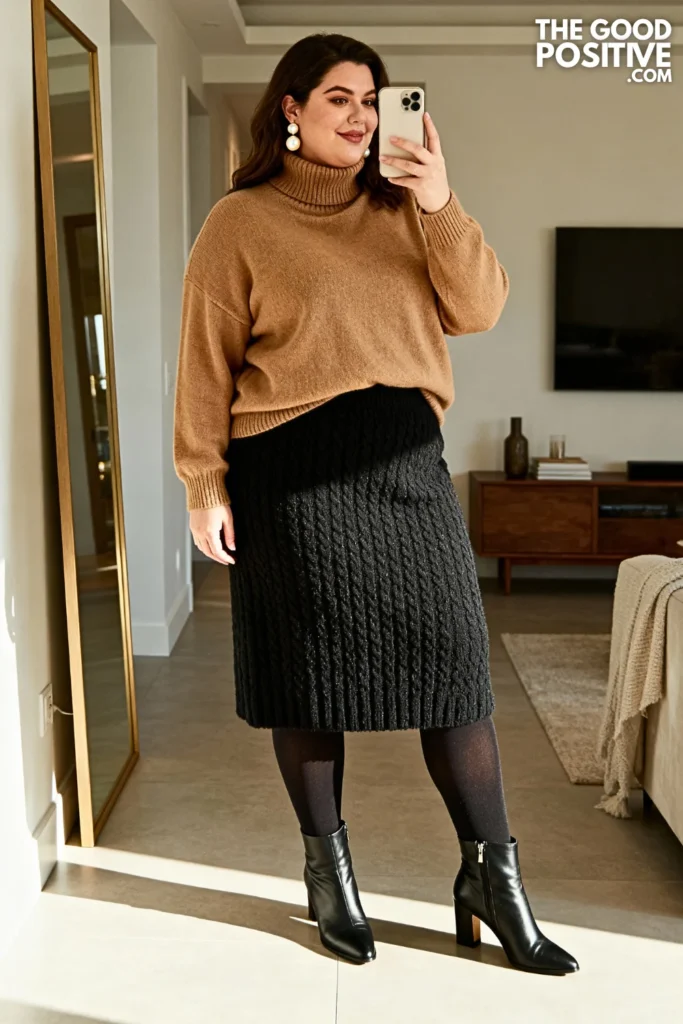 Plus Size Mock Neck Sweater and Midi Skirt Outfit