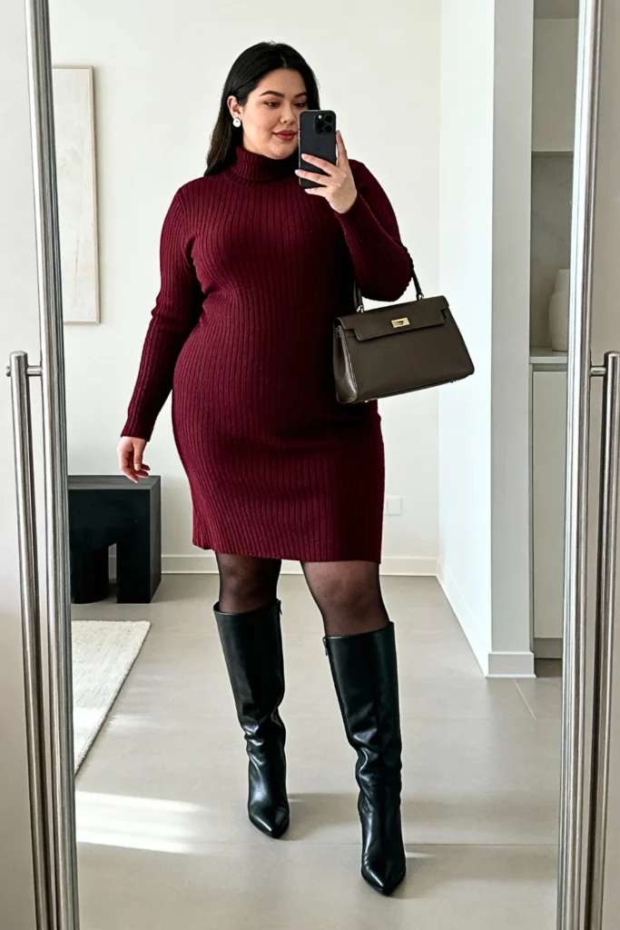 Plus Size Mockneck Sweater Dress and Knee-High Boots Outfit