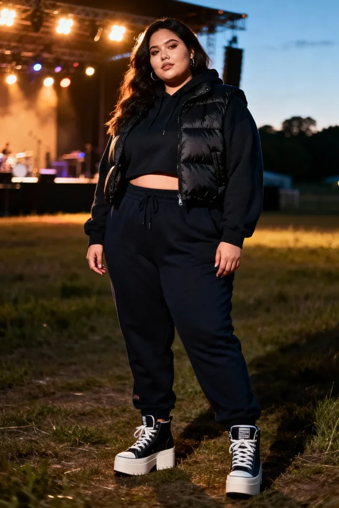 Plus Size Monochrome Tracksuit and Puffer Vest Casual Outfit