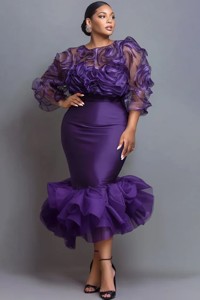 Plus Size Mother Of The Bride Purple Round Neck Half Sleeve Ruffle Elegant Mermaid Satin Two Piece Skirt Sets