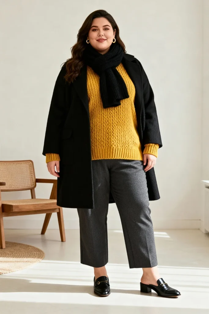Plus Size Mustard Sweater and Gray Pants Outfit