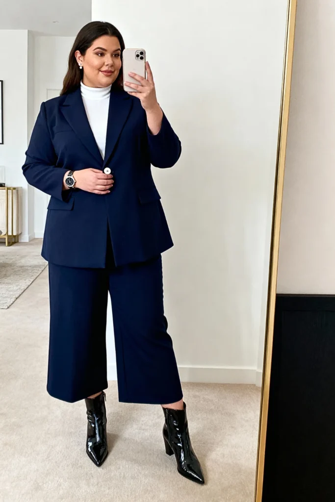 Plus Size Navy Blazer and Trousers Outfit