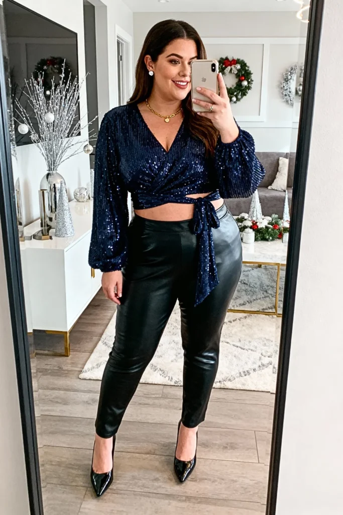Plus Size Navy Sequin Wrap Top and Leather Pants Outfit