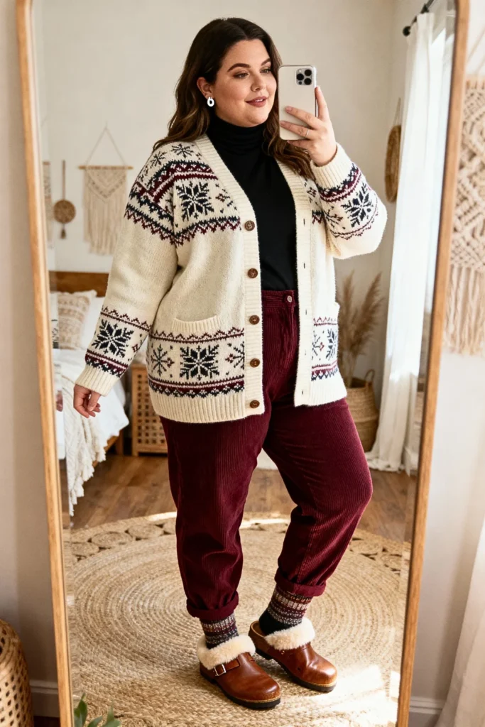 Plus Size Nordic Print Cardigan with Turtleneck and Cords Outfit