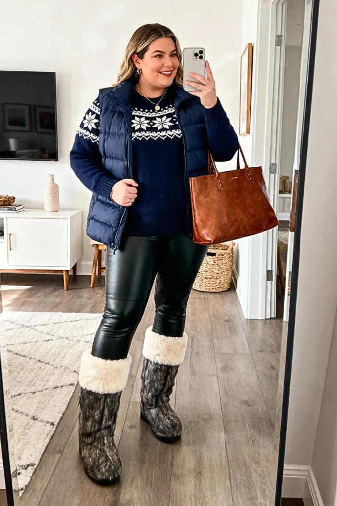 Plus Size Norwegian Sweater and Leather Leggings Outfit