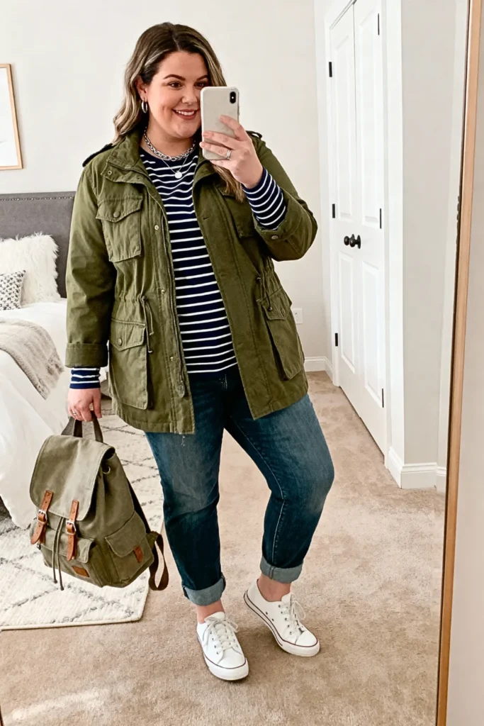 Plus Size Olive Utility Jacket and Denim Outfit