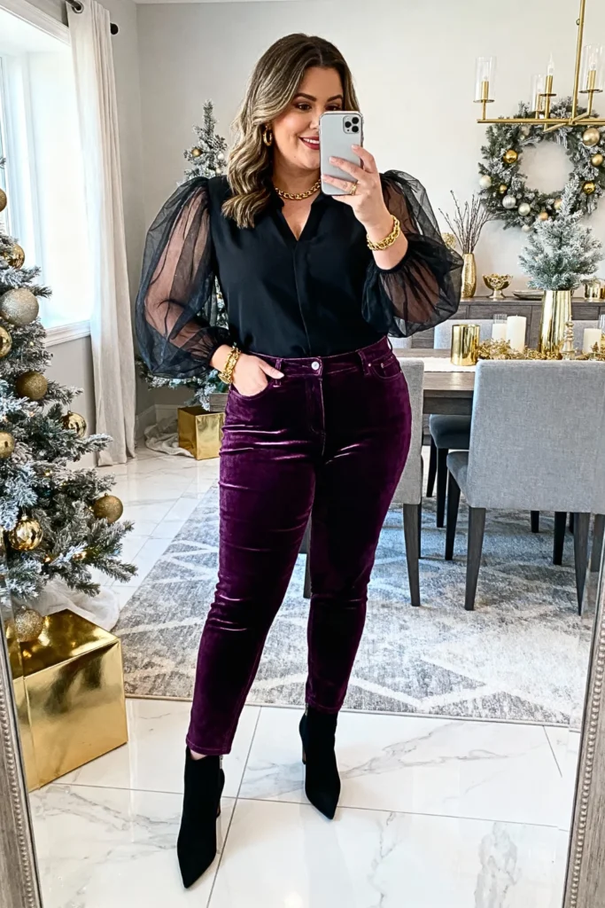 Plus Size Organza Sleeve Blouse and Velvet Jeans Outfit