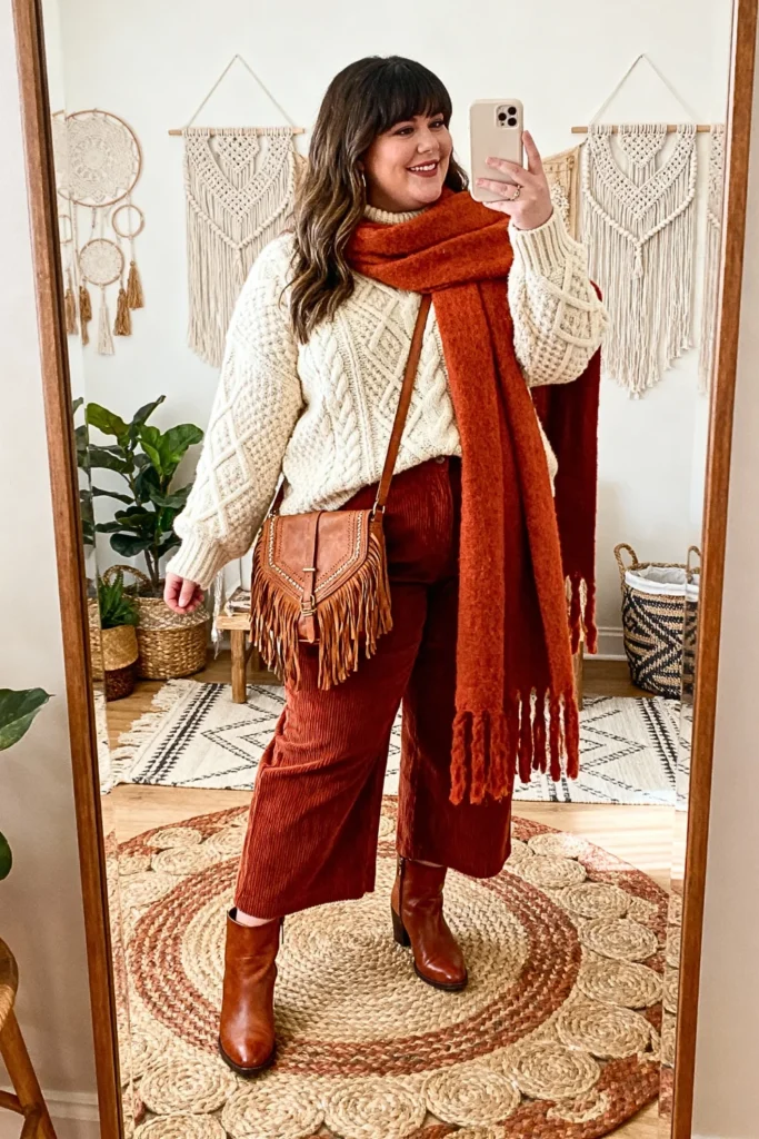 Plus Size Oversized Cable Knit Sweater with Wide-Leg Corduroy Pants Outfit