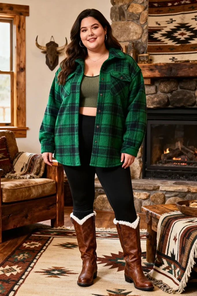 Plus Size Oversized Plaid Shacket With Leggings Outfit