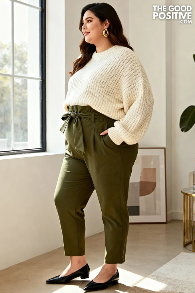 Plus Size Oversized Sweater With Paperbag Waist Pants Outfit