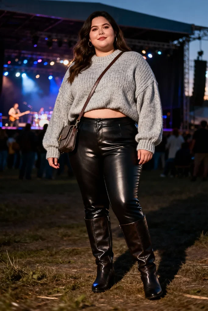 Plus Size Oversized Sweater and Leather Leggings Casual Outfit