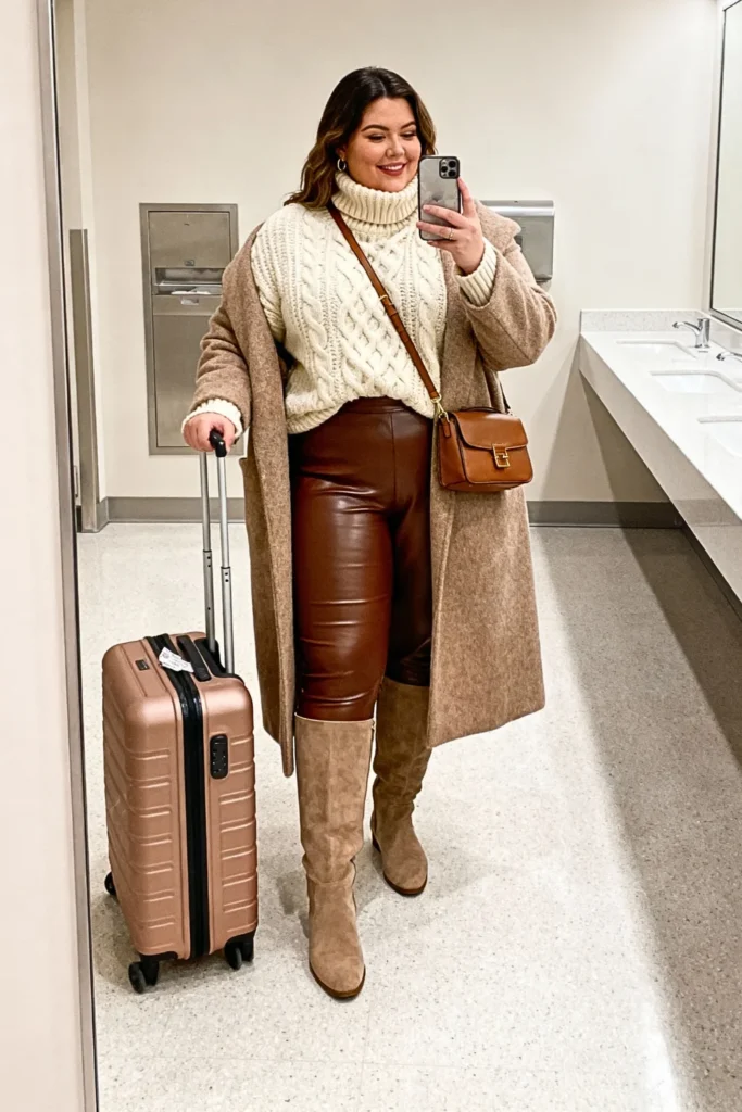 Plus Size Oversized Turtleneck Sweater with Faux Leather Leggings Outfit