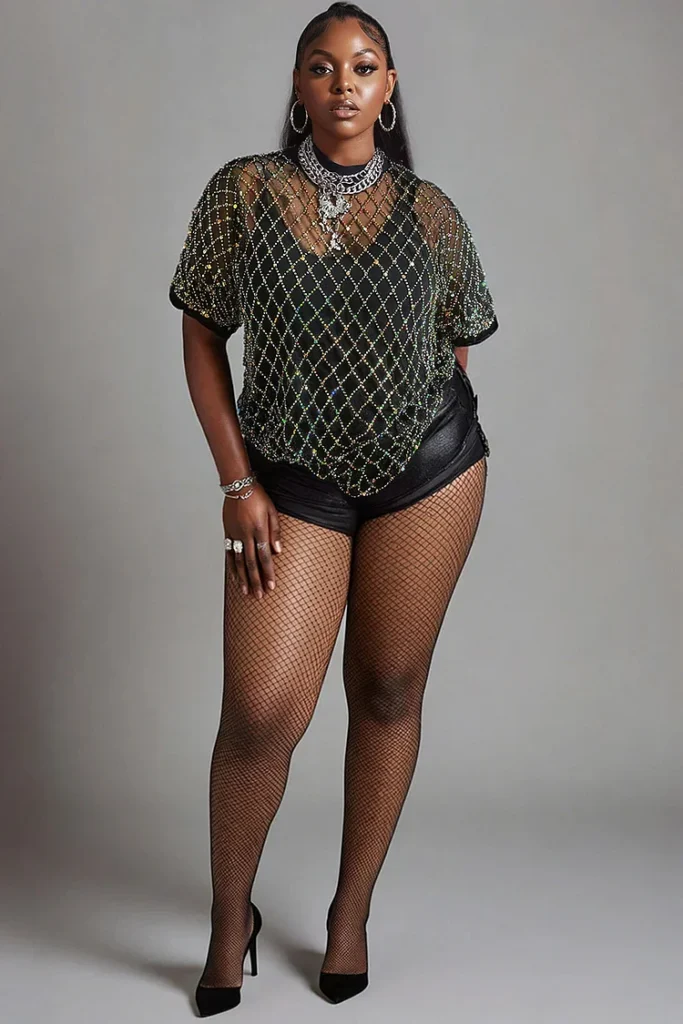 Plus Size Party Black Round Neck Short Sleeve Cut Out See Through Top