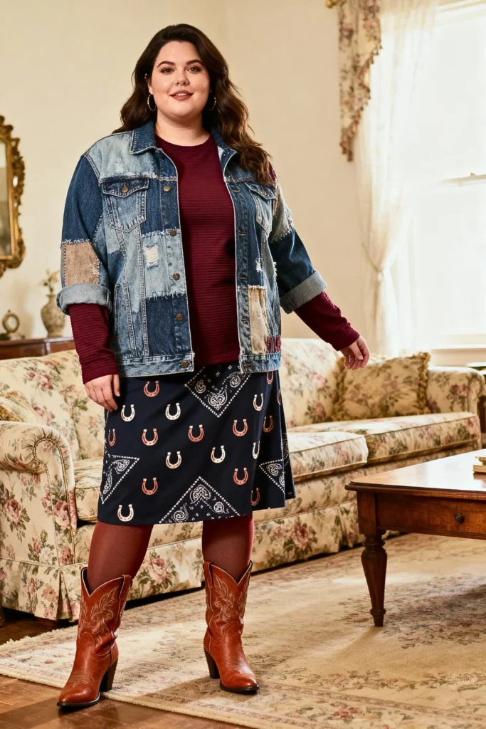 Plus Size Patchwork Denim Jacket With Printed Skirt Outfit