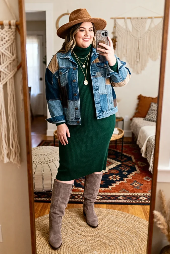 Plus Size Patchwork Denim Jacket with Turtleneck Dress Outfit