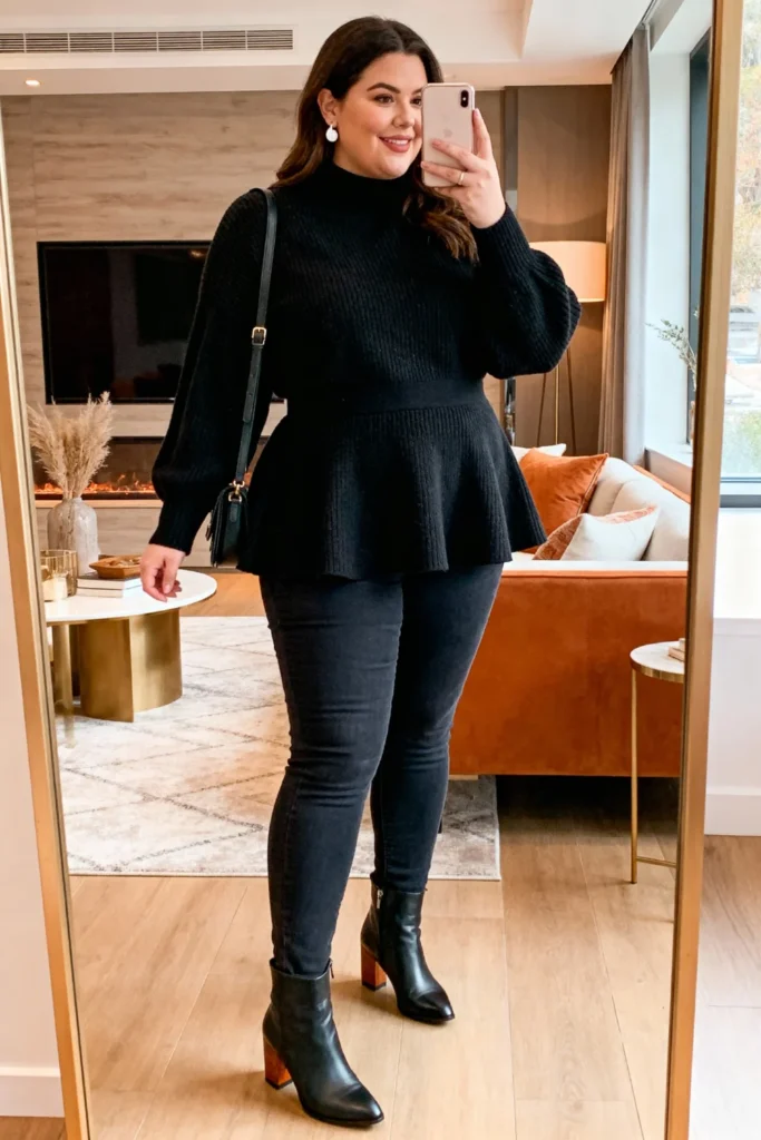 Plus Size Peplum Sweater and Skinny Jeans Outfit