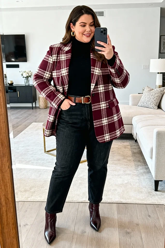 Plus Size Plaid Blazer with Turtleneck and Jeans Outfit