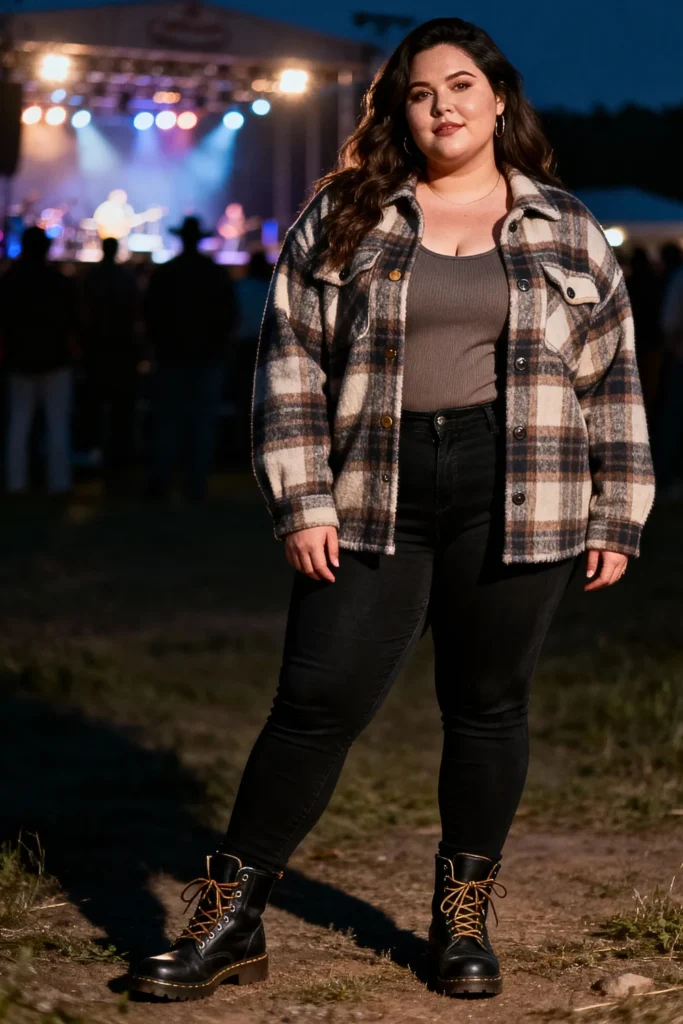 Plus Size Plaid Shacket and Black Skinny Jeans Outfit
