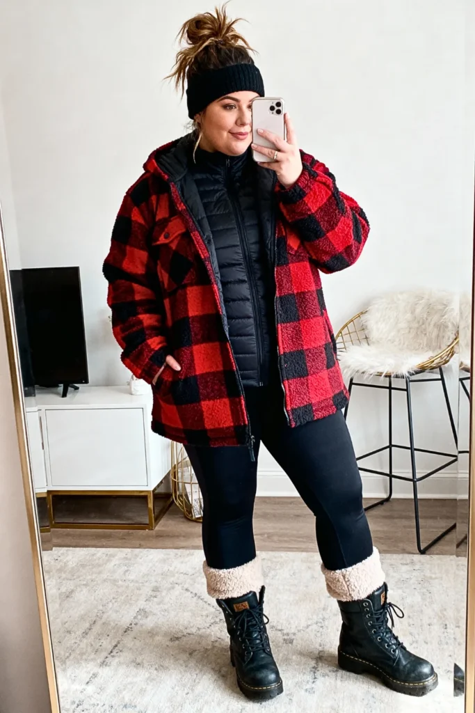 Plus Size Plaid Shacket and Thermal Leggings Outfit