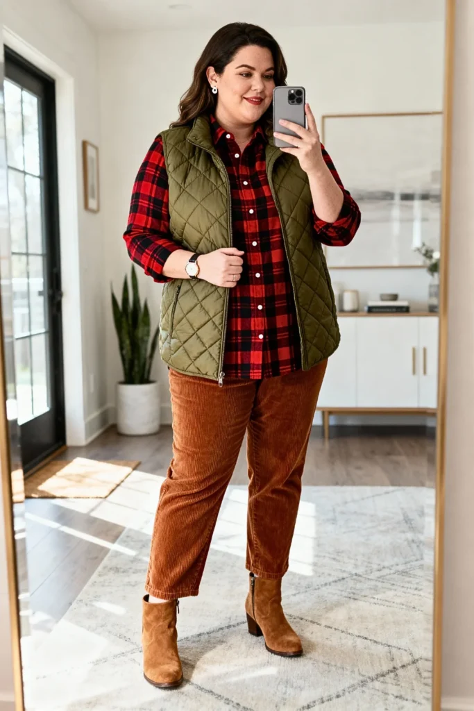 Plus Size Plaid Shirt and Corduroy Pants Outfit