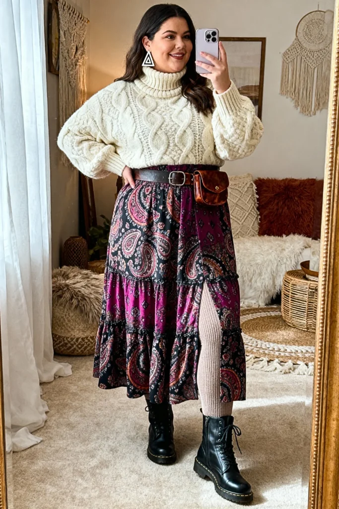 Plus Size Printed Maxi Skirt with Chunky Sweater Outfit