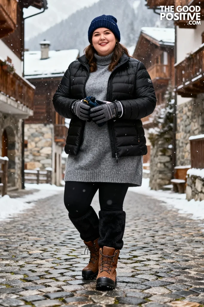 Plus Size Puffer Jacket with Sweater Dress and Leggings Outfit