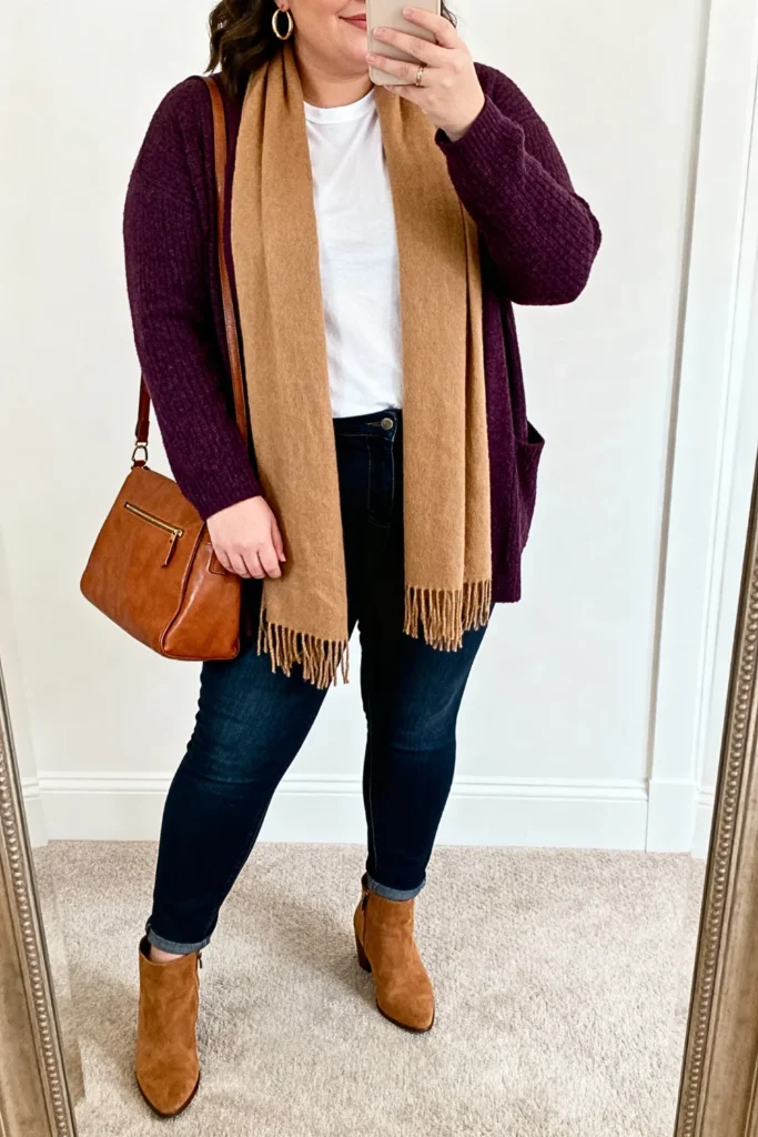 Plus Size Purple Cardigan and White Tee Outfit