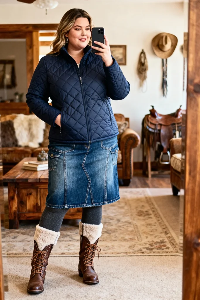 Plus Size Quilted Barn Jacket With Western Skirt Outfit